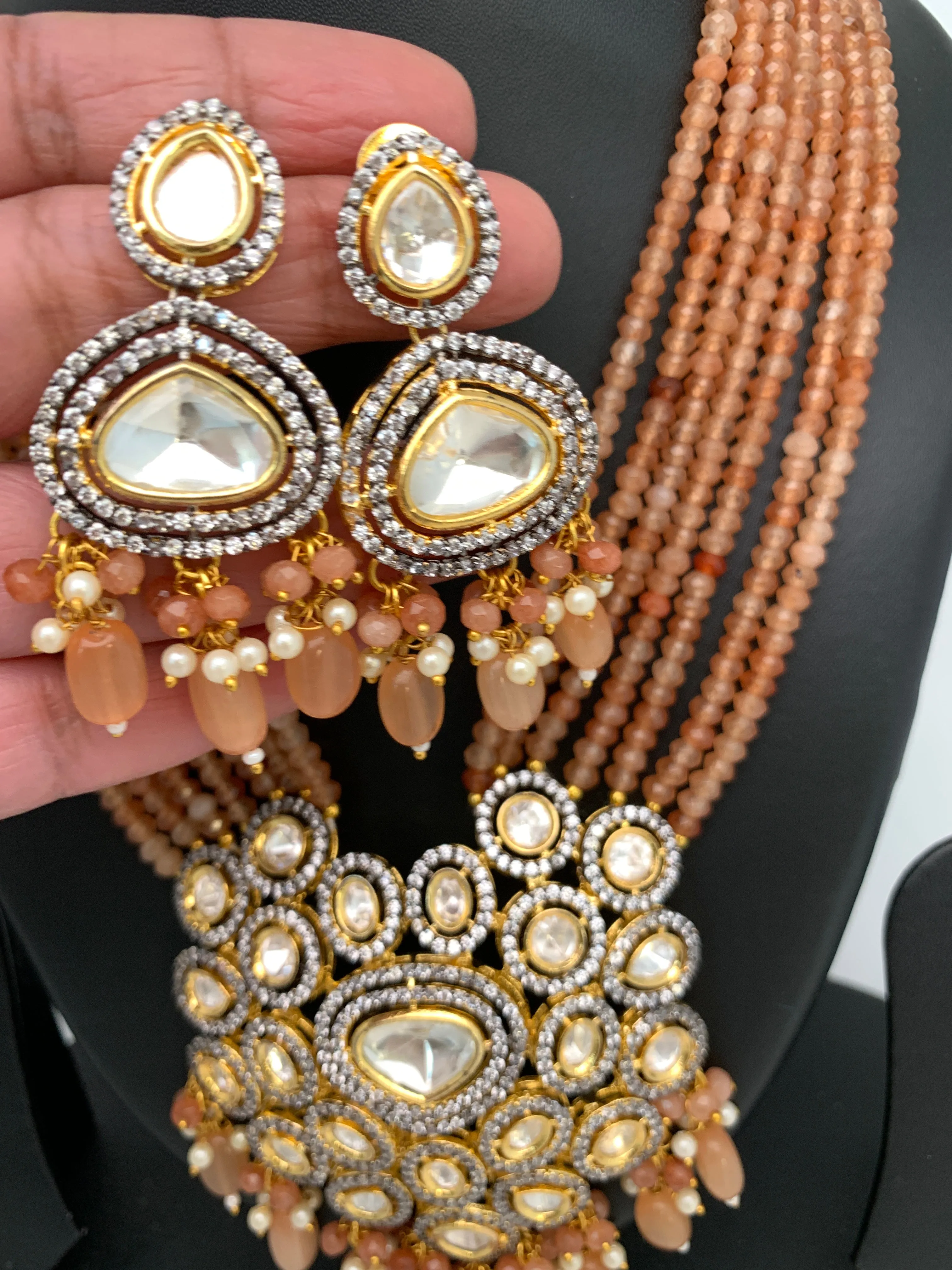 Kundan AD Pendent with Peach Onyx Beads Necklace