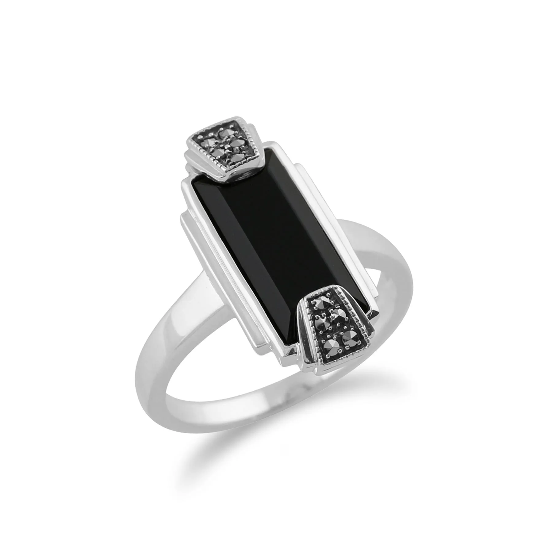 Kunst Deko Ring, 925 Sterlingsilber Kunst Deko schwarzer Onyx & Markasit Ring