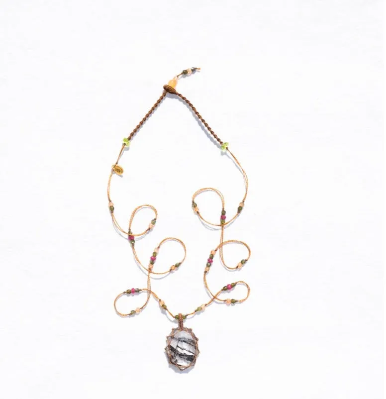 Long Tibetan Necklace - Black Rutile Quartz