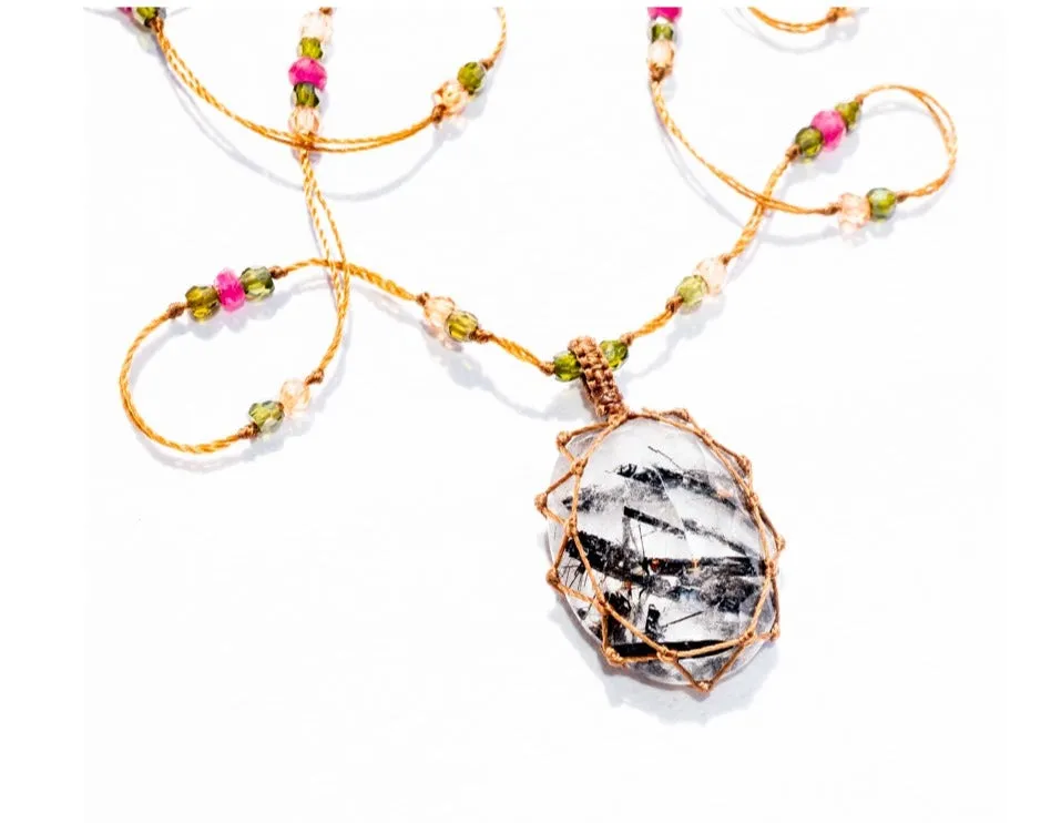 Long Tibetan Necklace - Black Rutile Quartz