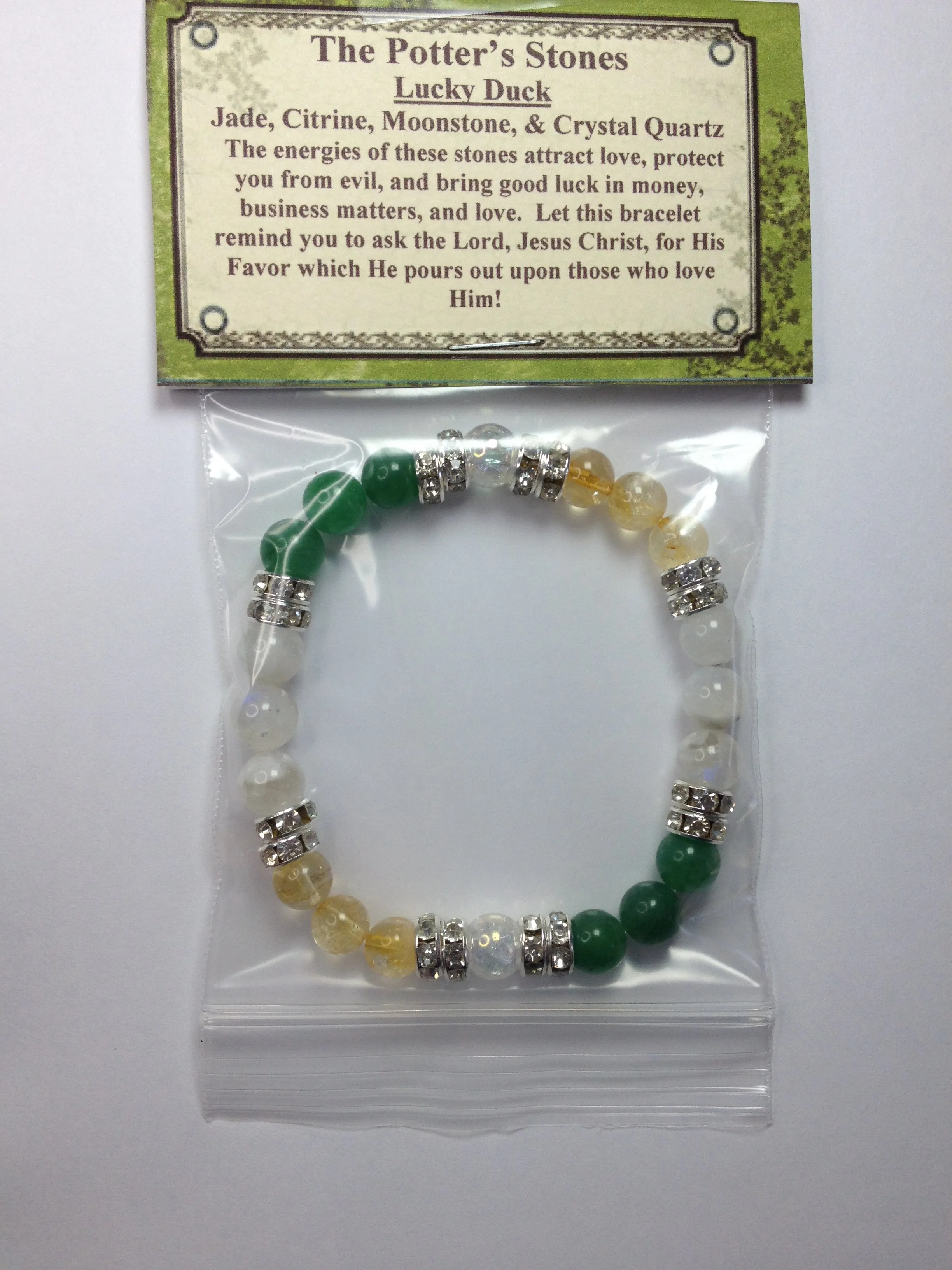 Lucky Duck: Natural Jade, Citrine, Moonstone, & Crystal Quartz Gemstone Energy Beaded Stretch Bracelet