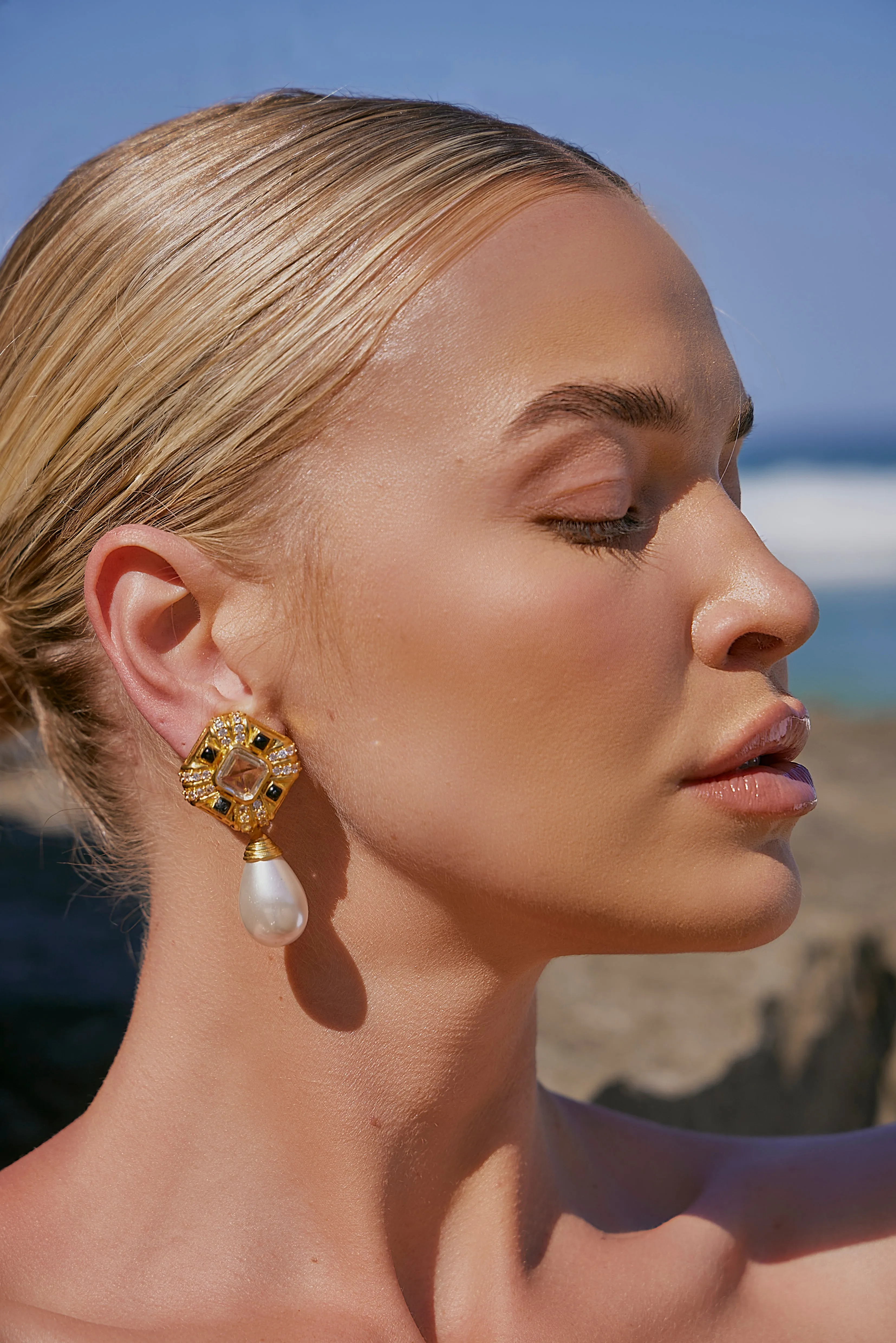 Natalie Earrings Clear Quartz Crystal, Black Onyx & Pearl