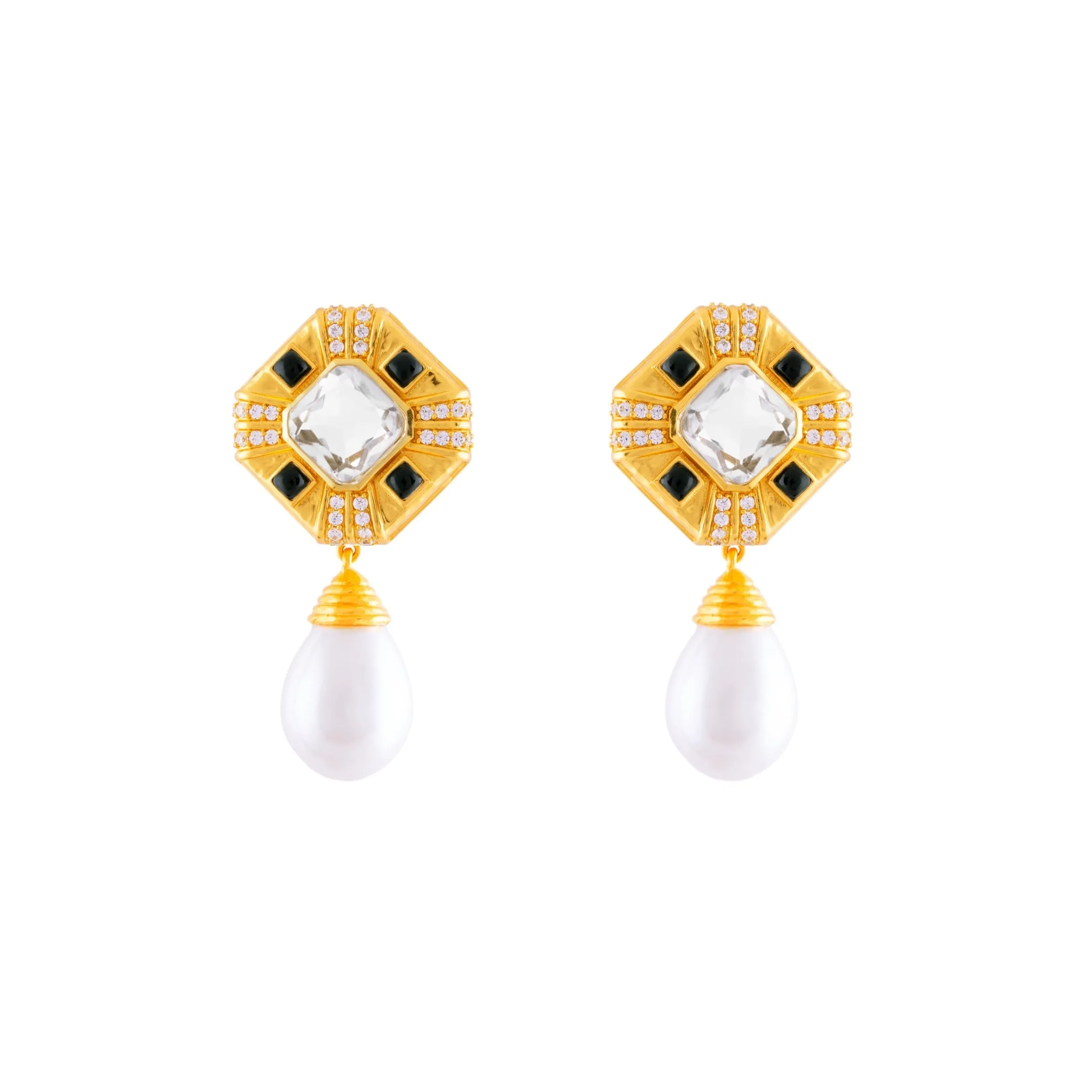 Natalie Earrings Clear Quartz Crystal, Black Onyx & Pearl