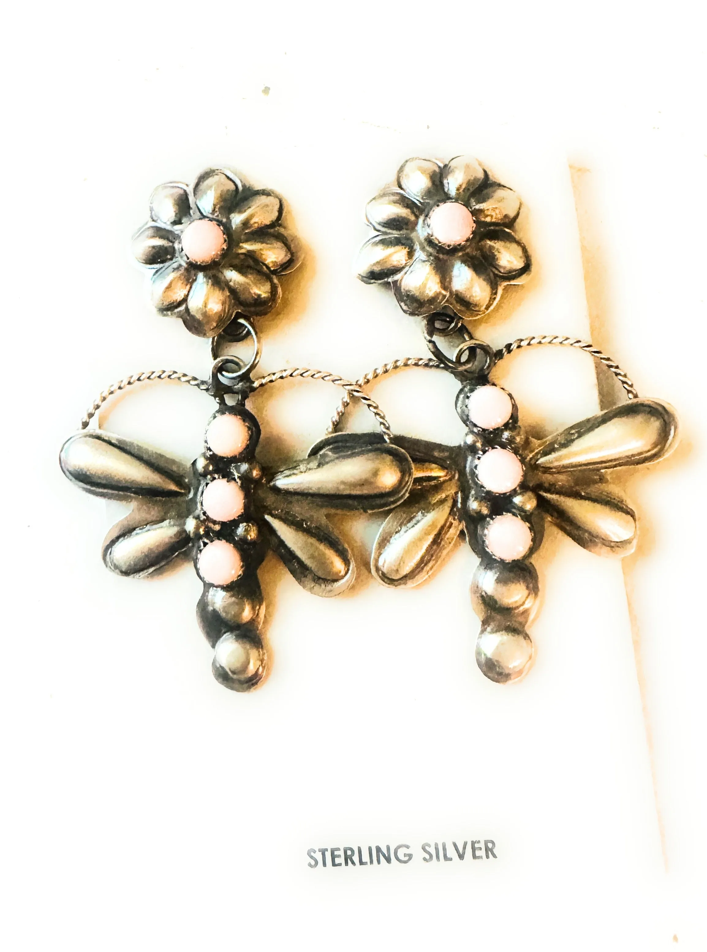 Navajo Queen Pink Conch & Sterling Silver Dragonfly Dangle Earrings