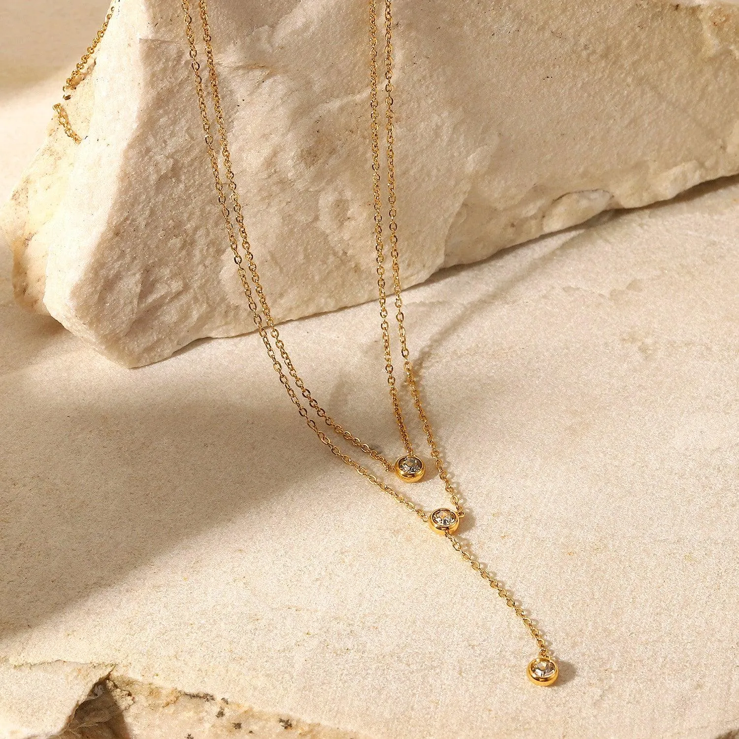 Necklace Stainless Steel Zircon Double-Layered Pendant