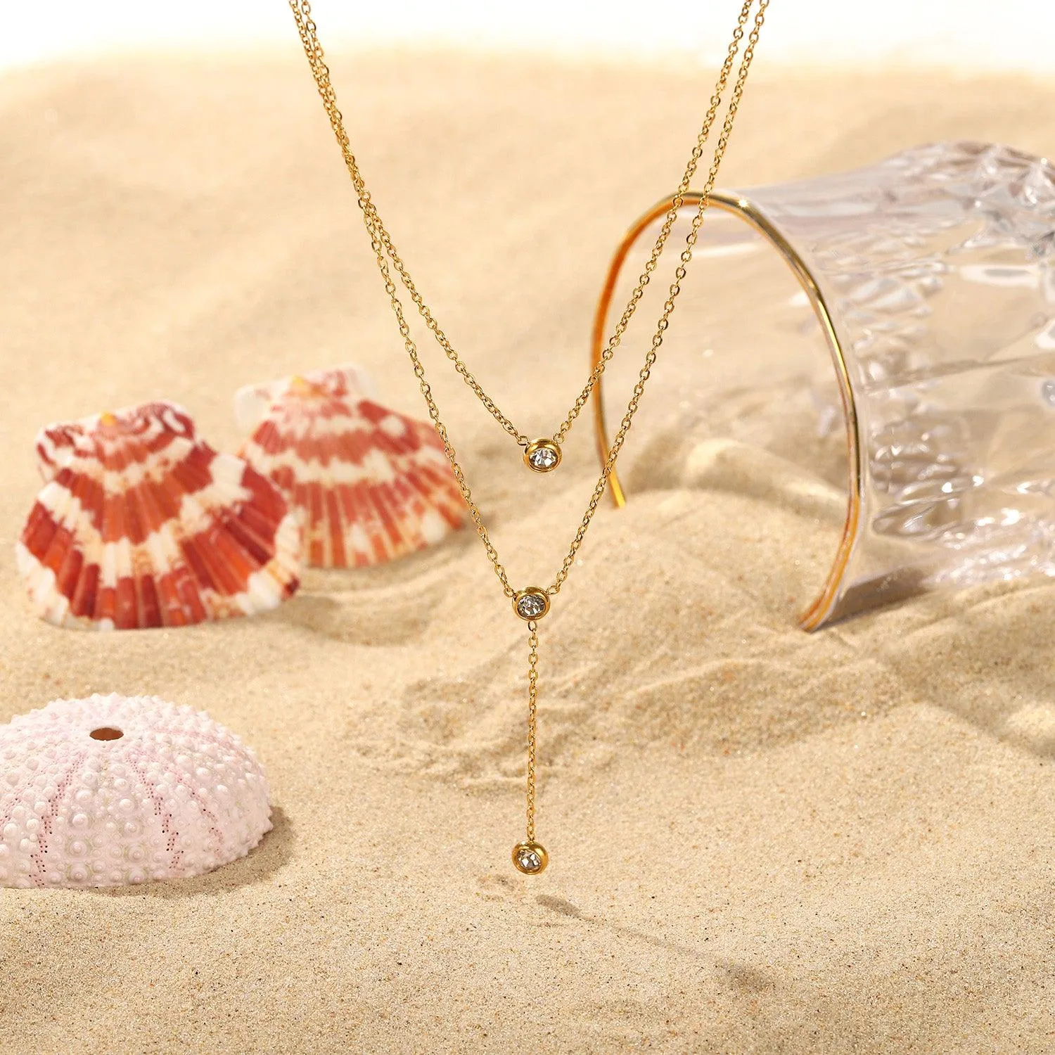Necklace Stainless Steel Zircon Double-Layered Pendant