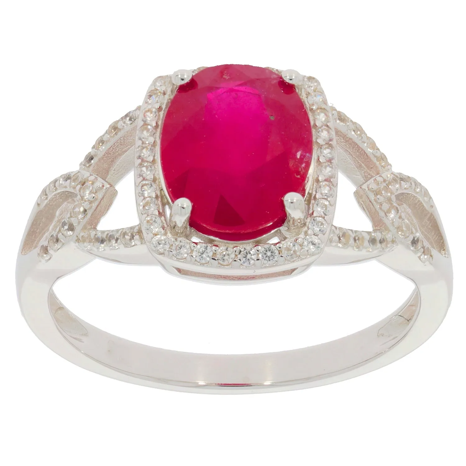 Oval Red Ruby Sterling Silver Ring with Accent
