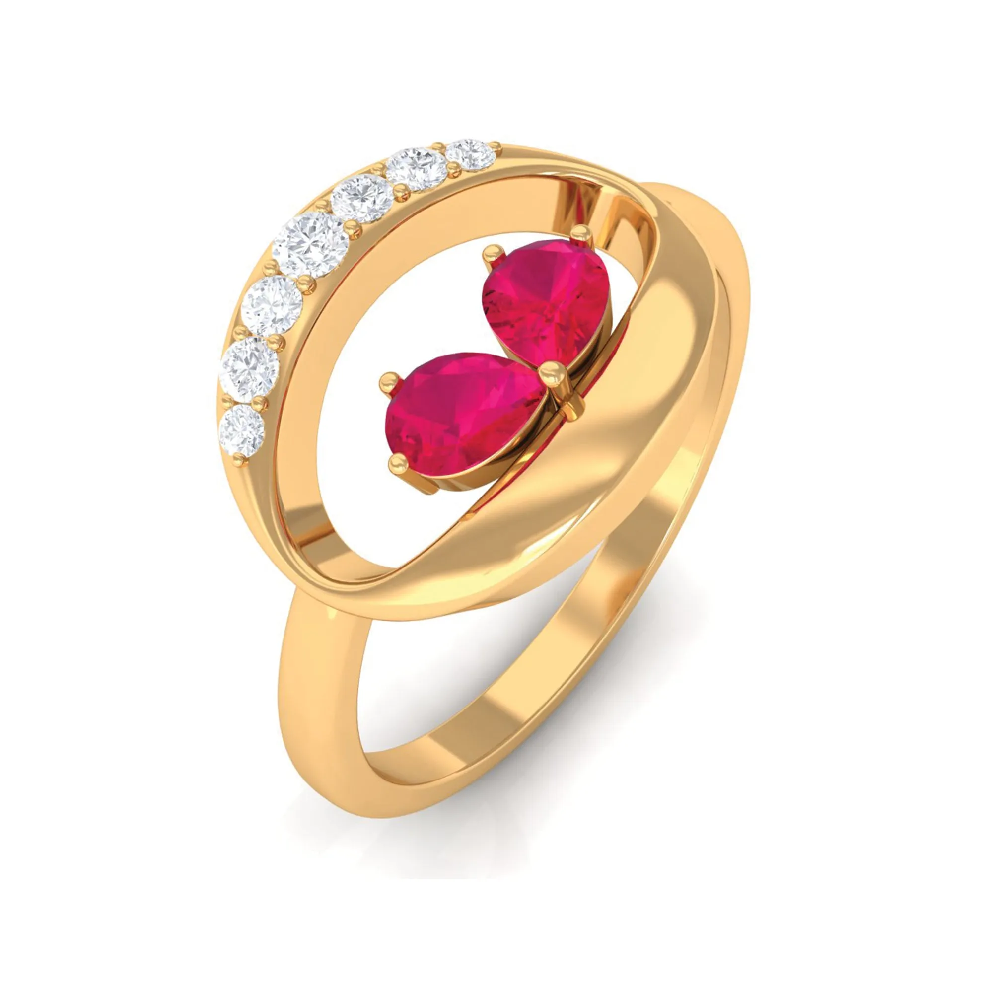 Pear Cut Ruby Toi et Moi Contemporary Ring with Diamond