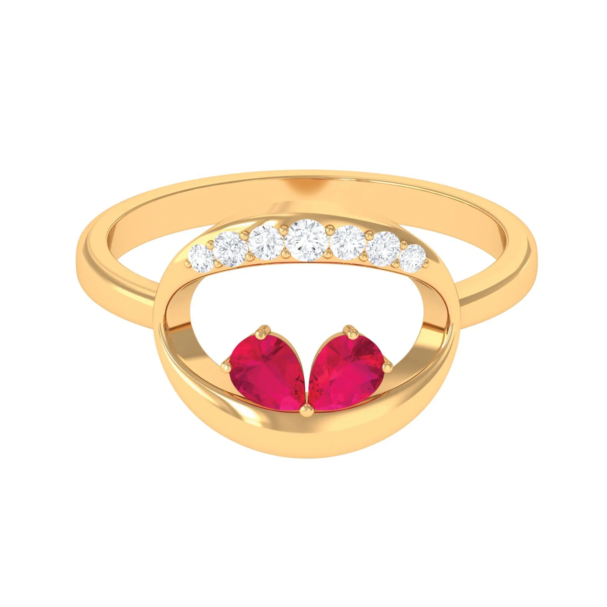 Pear Cut Ruby Toi et Moi Contemporary Ring with Diamond