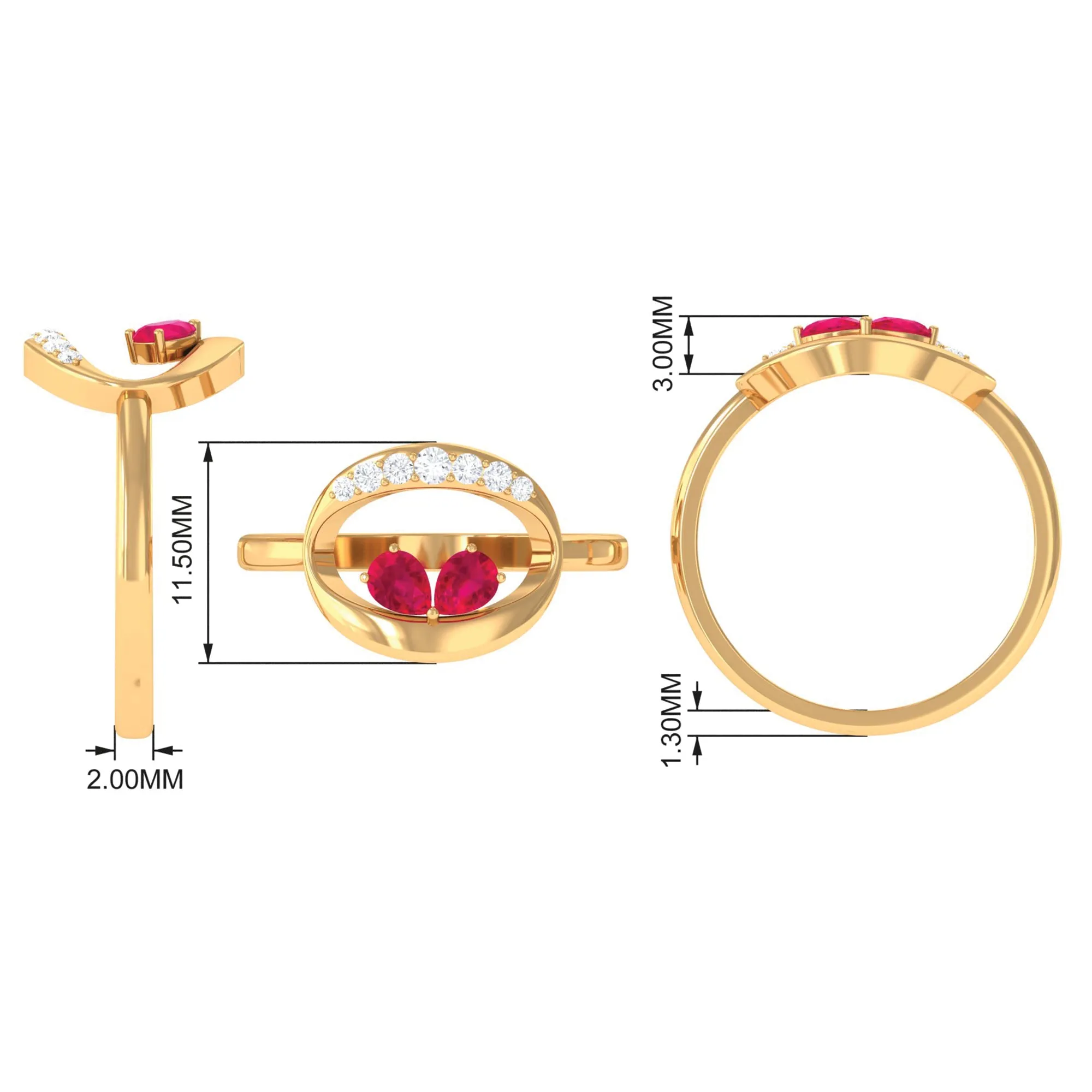 Pear Cut Ruby Toi et Moi Contemporary Ring with Diamond