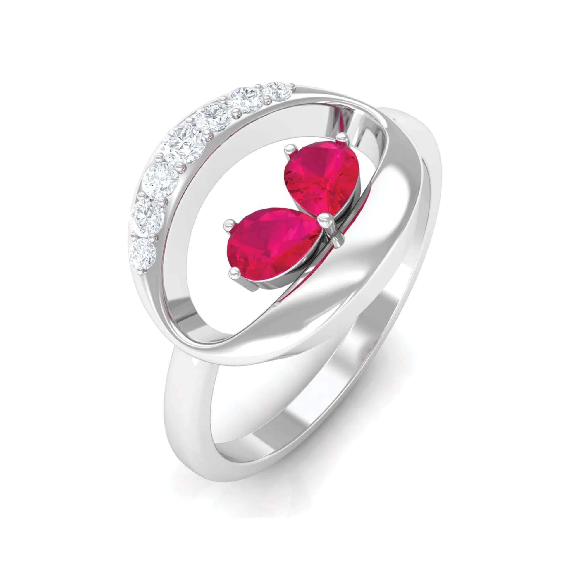 Pear Cut Ruby Toi et Moi Contemporary Ring with Diamond