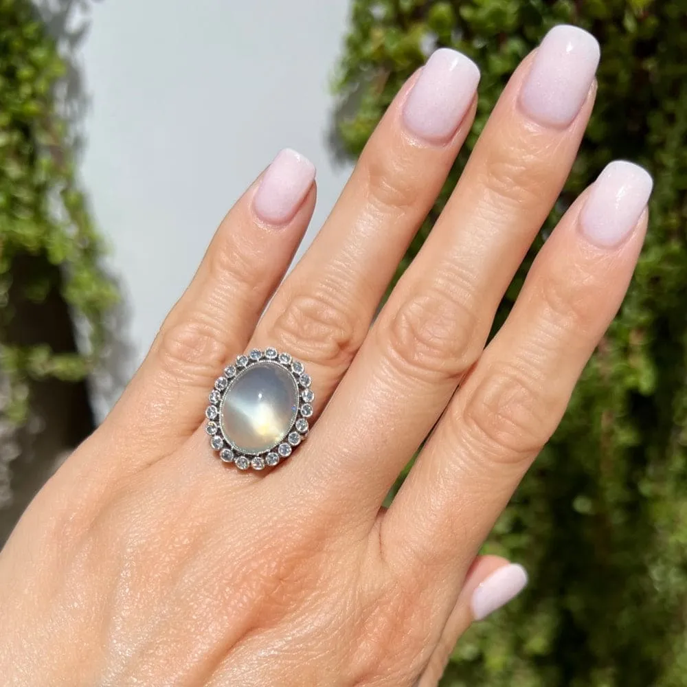 Platinum Art Deco Moonstone and Diamond Ring at Regard Jewelry in Austin, Texas
