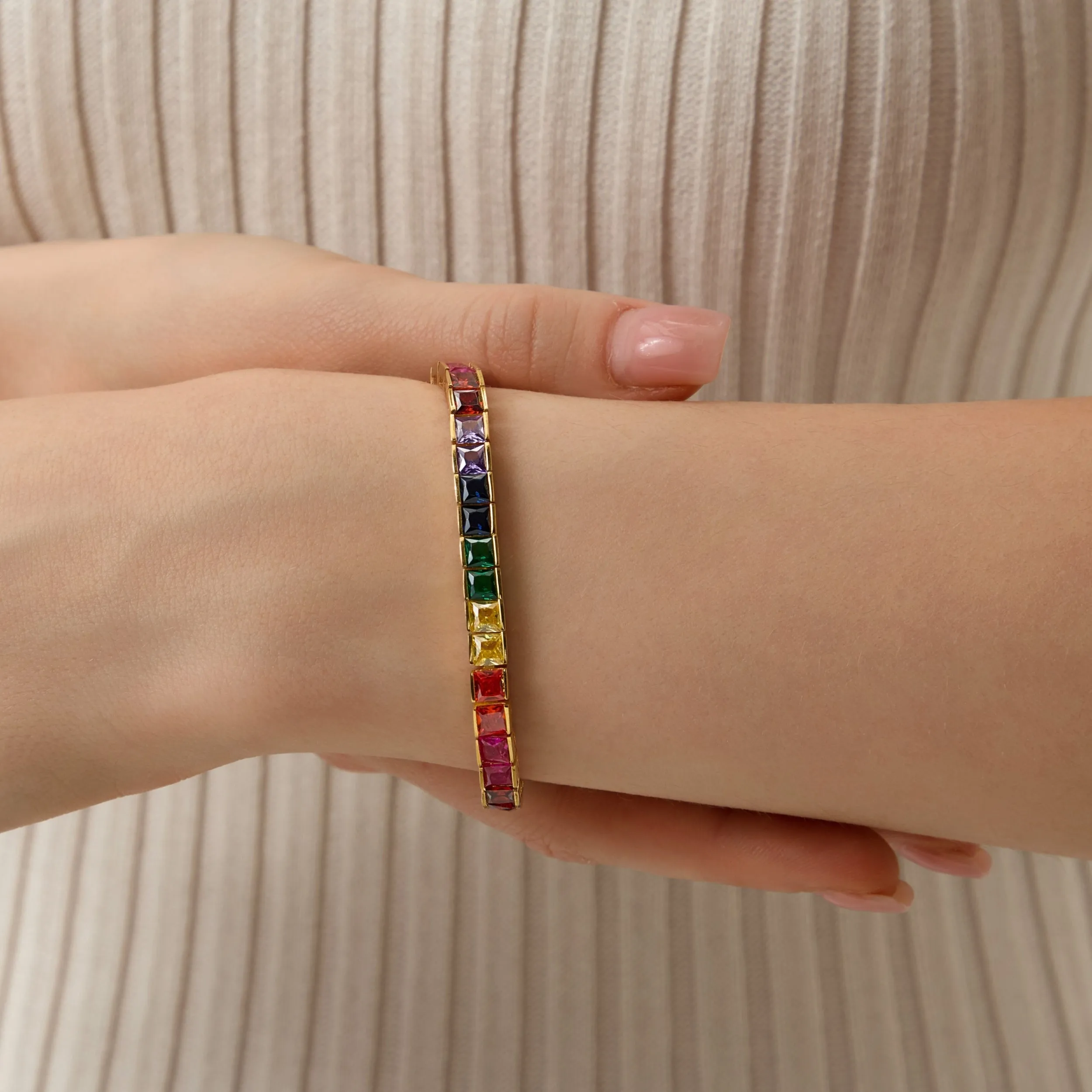Princess Cut Bezel Rainbow Tennis Bracelet