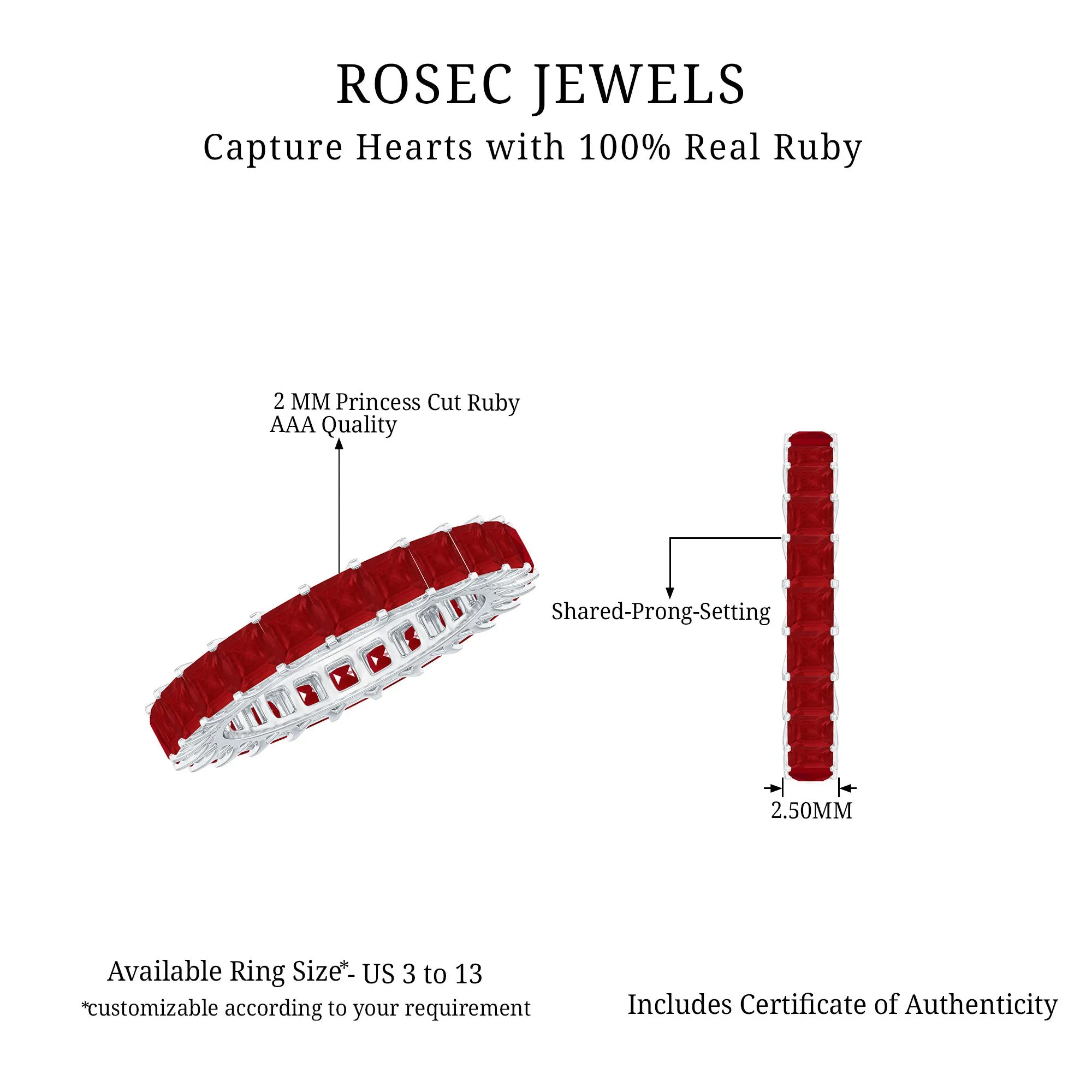 Princess Cut Ruby Eternity Ring in Shared Prong Setting