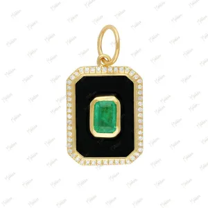 Rectangle Diamond & Emerald Black Onyx Pendant 13x17.50mm