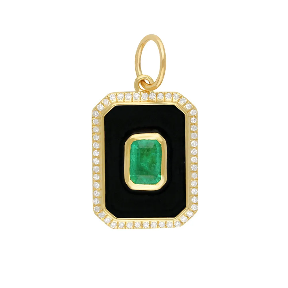 Rectangle Diamond & Emerald Black Onyx Pendant 13x17.50mm