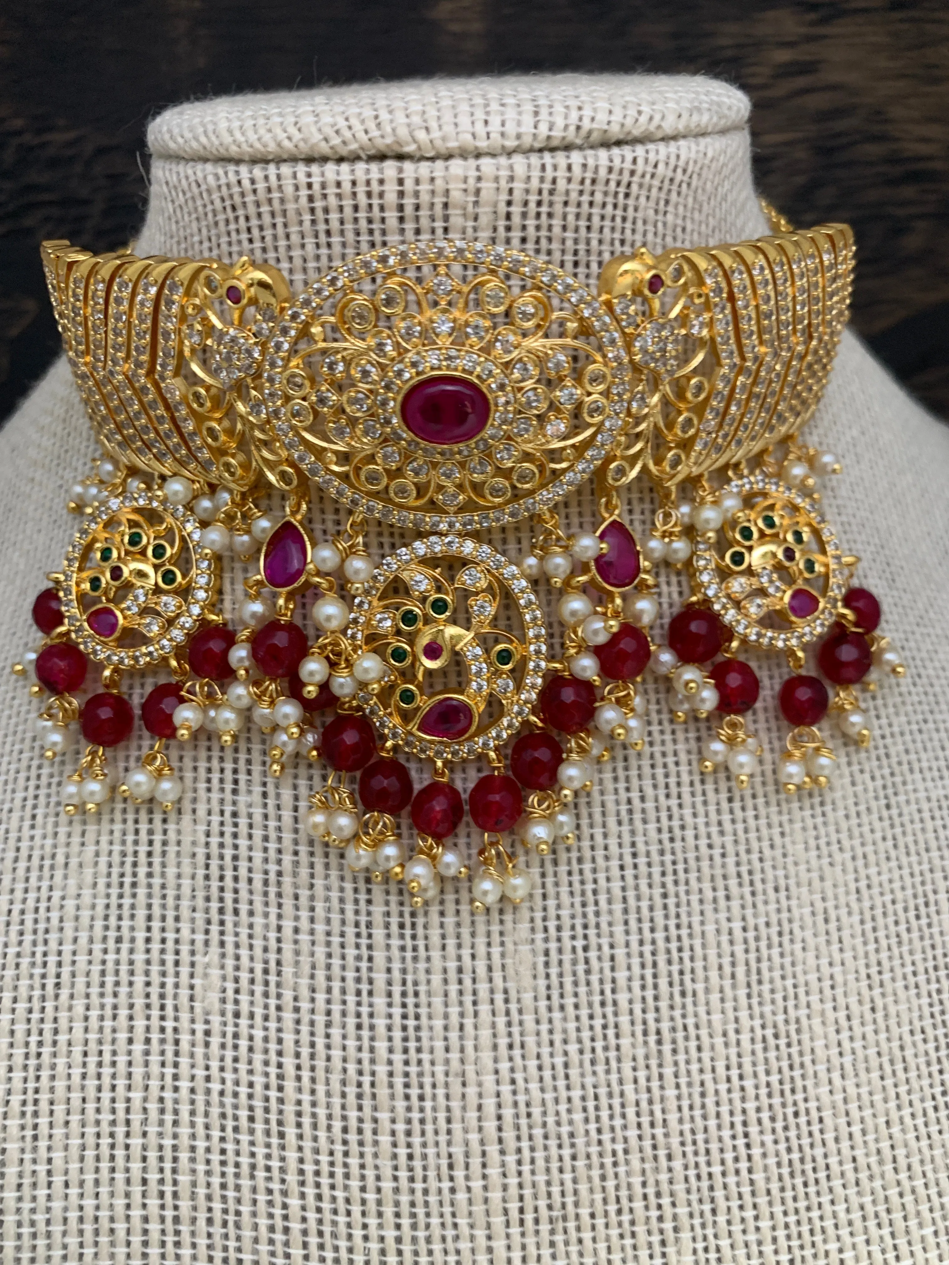 Red Stone Peacock Red Monalisa CZ High Neck Choker