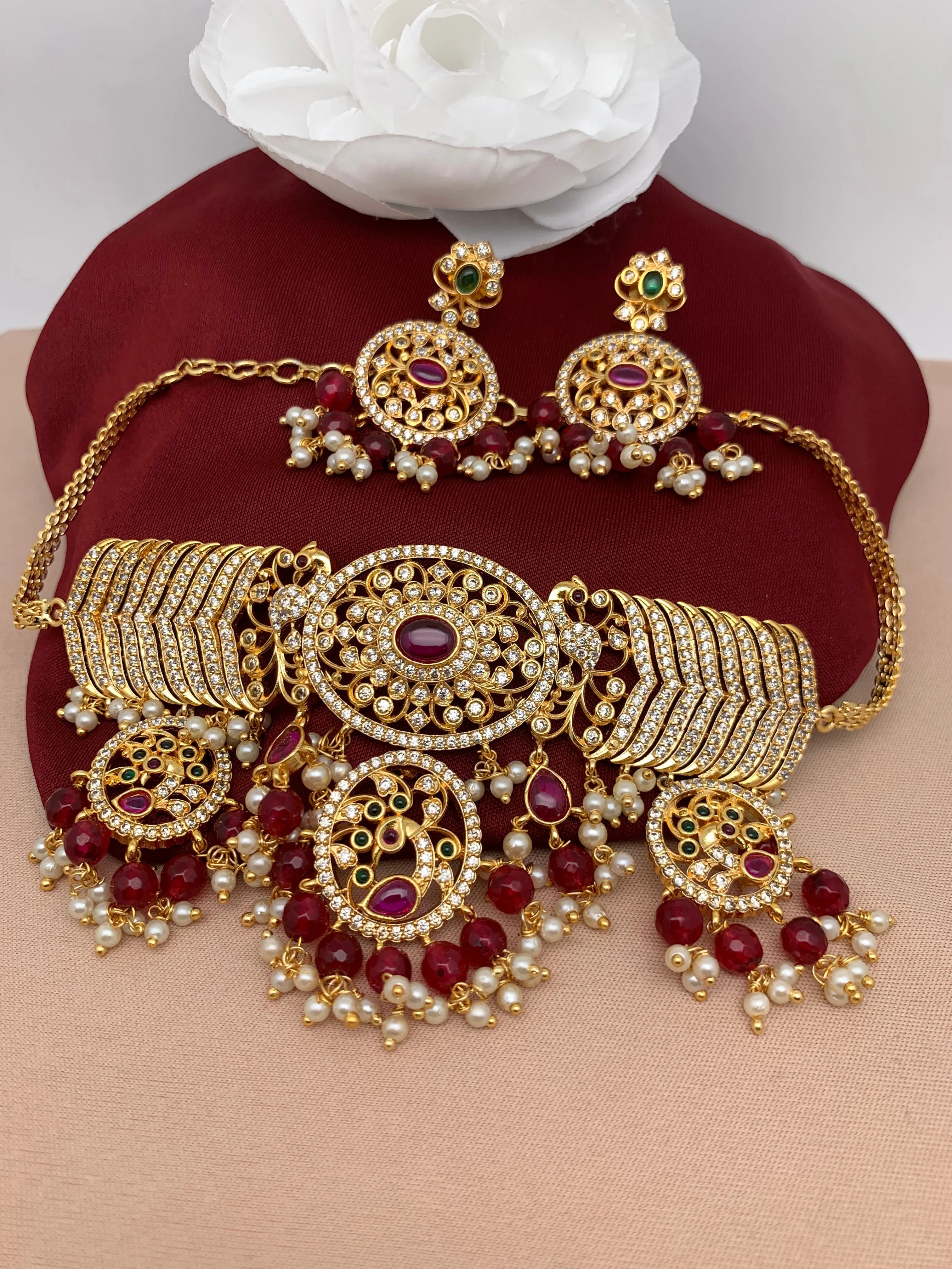 Red Stone Peacock Red Monalisa CZ High Neck Choker
