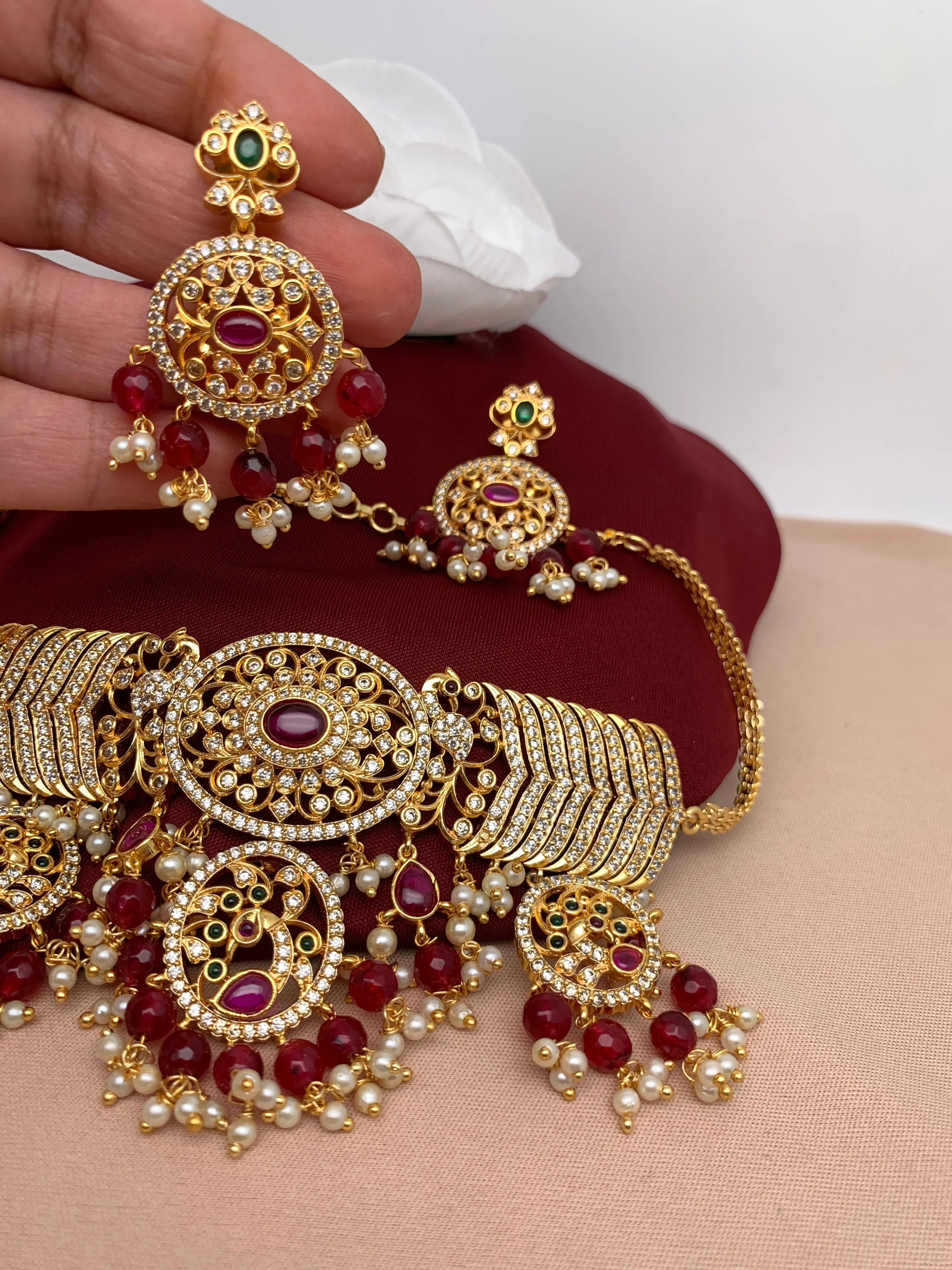 Red Stone Peacock Red Monalisa CZ High Neck Choker