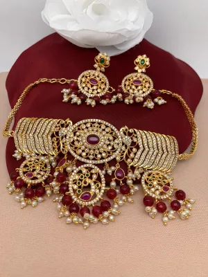 Red Stone Peacock Red Monalisa CZ High Neck Choker