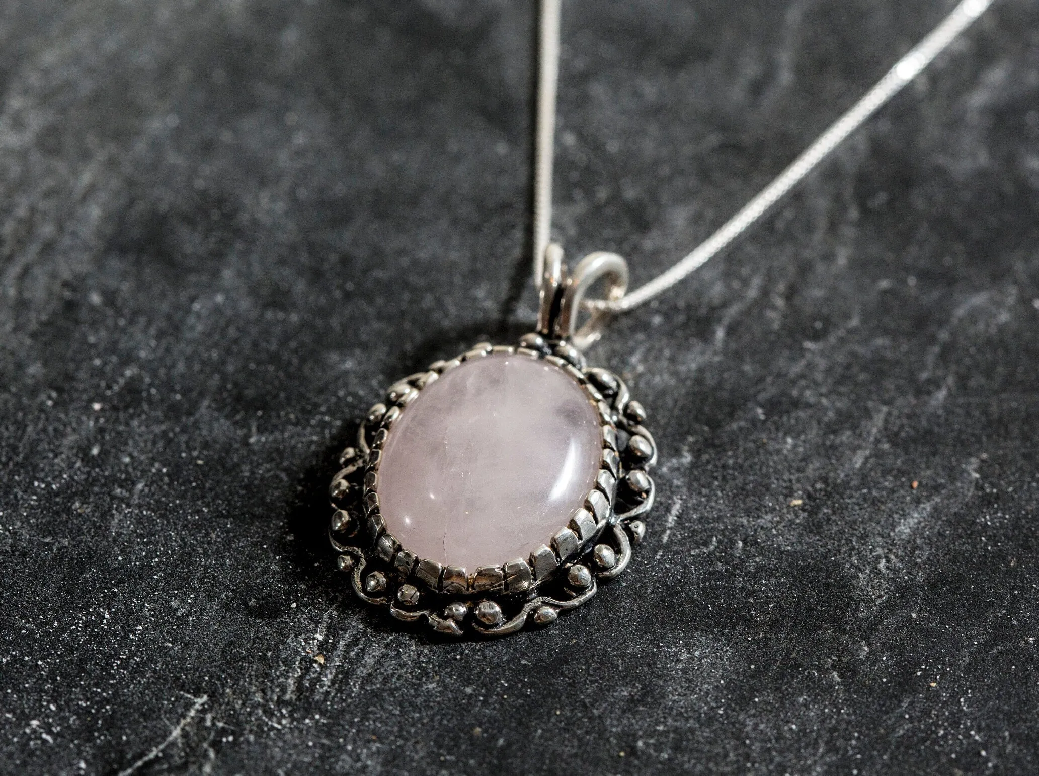Rose Quartz Pendant - Pink Vintage Necklace - Victorian Quartz Necklace