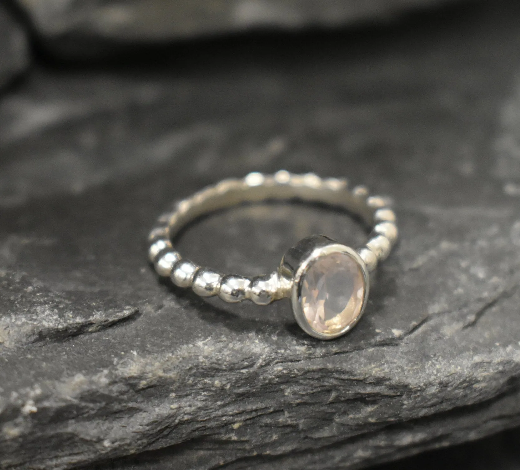 Rose Quartz Ring - Pink Bezel Ring - Silver Bubble Ring
