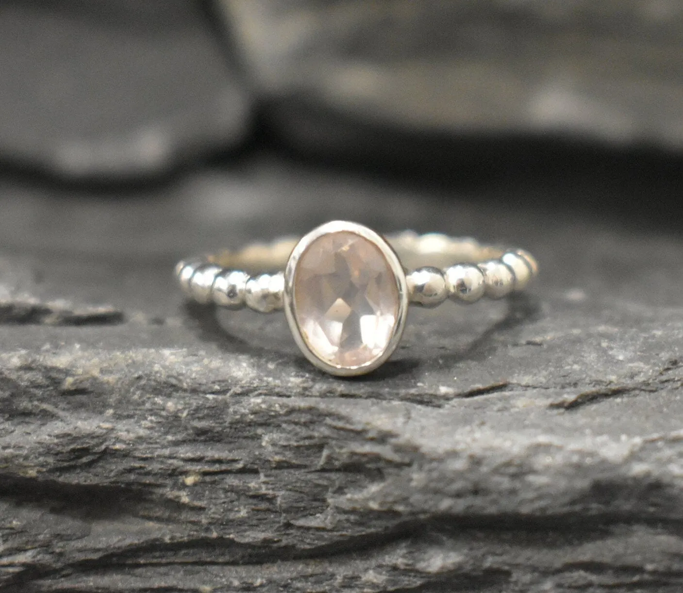 Rose Quartz Ring - Pink Bezel Ring - Silver Bubble Ring