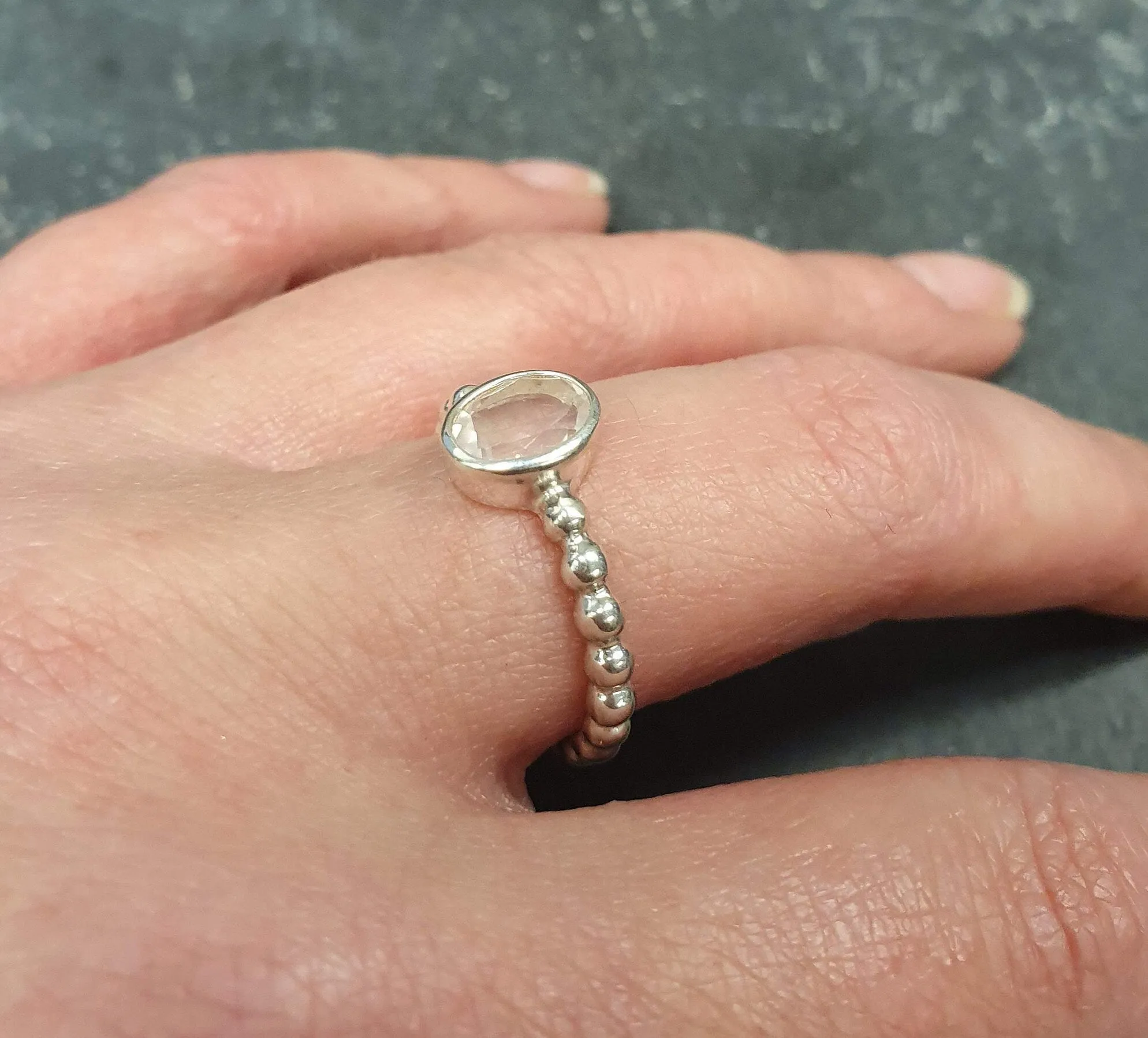 Rose Quartz Ring - Pink Bezel Ring - Silver Bubble Ring