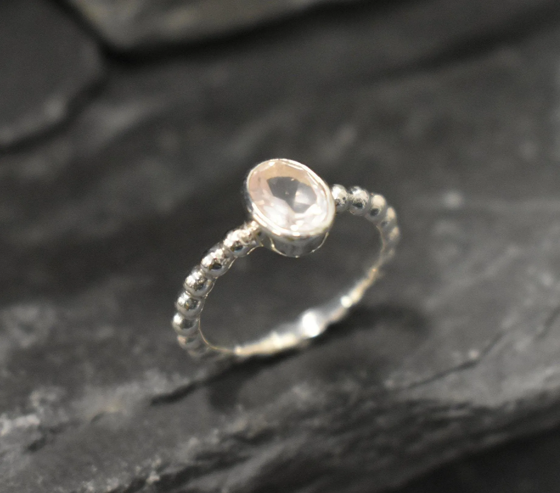 Rose Quartz Ring - Pink Bezel Ring - Silver Bubble Ring