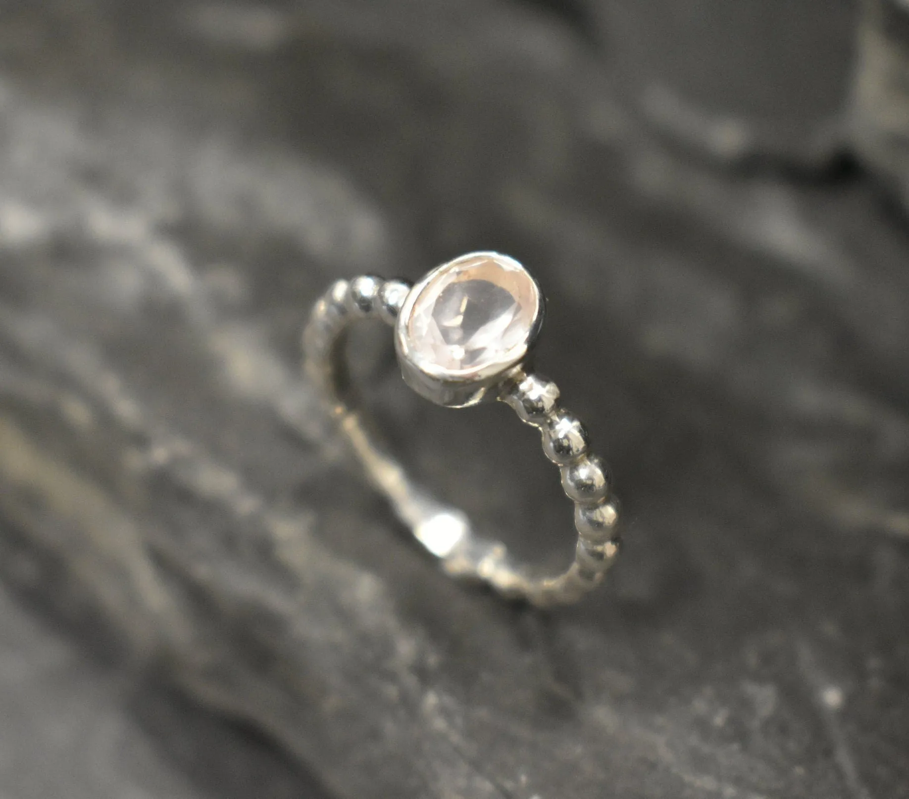 Rose Quartz Ring - Pink Bezel Ring - Silver Bubble Ring