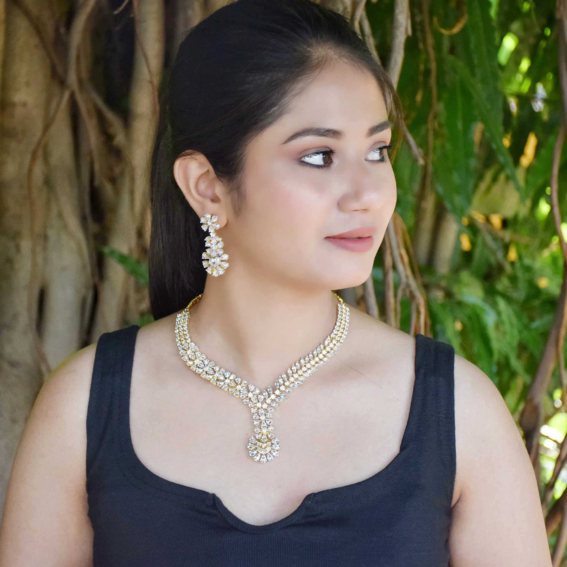 Round Neck Gold Polish Zircon/AD Necklace Set 6254-100