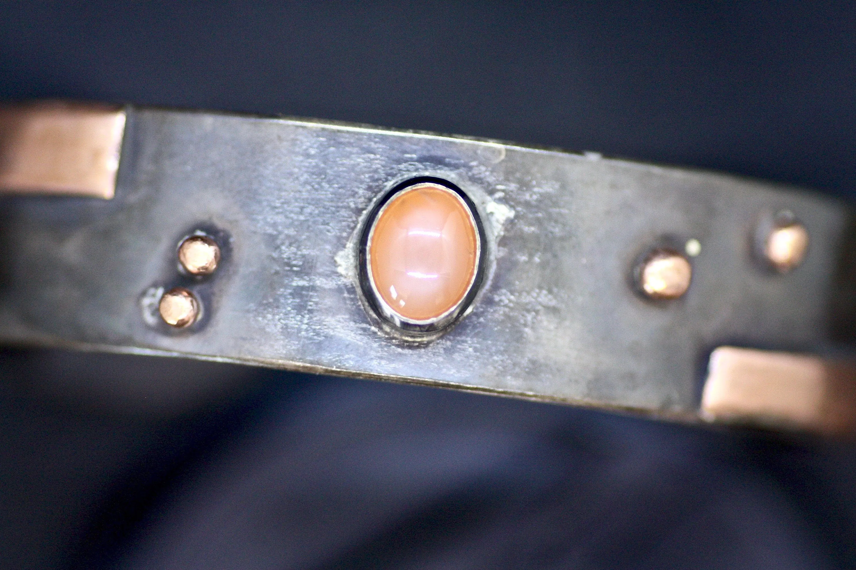 Rustic Sterling Silver and Copper with Peach Moonstone cuff
