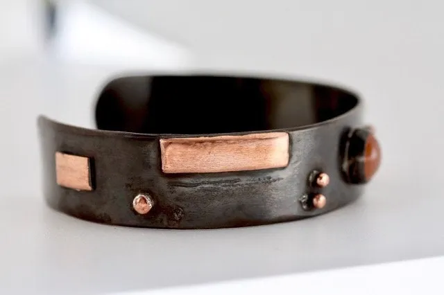 Rustic Sterling Silver and Copper with Peach Moonstone cuff