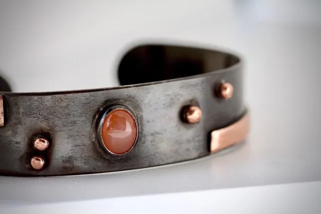 Rustic Sterling Silver and Copper with Peach Moonstone cuff