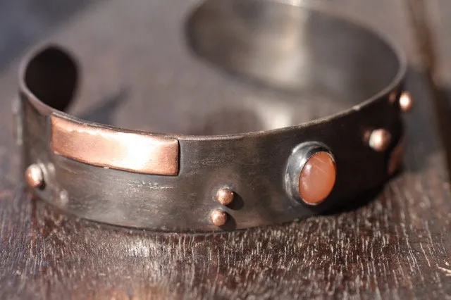 Rustic Sterling Silver and Copper with Peach Moonstone cuff
