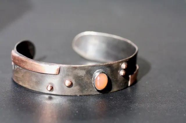 Rustic Sterling Silver and Copper with Peach Moonstone cuff