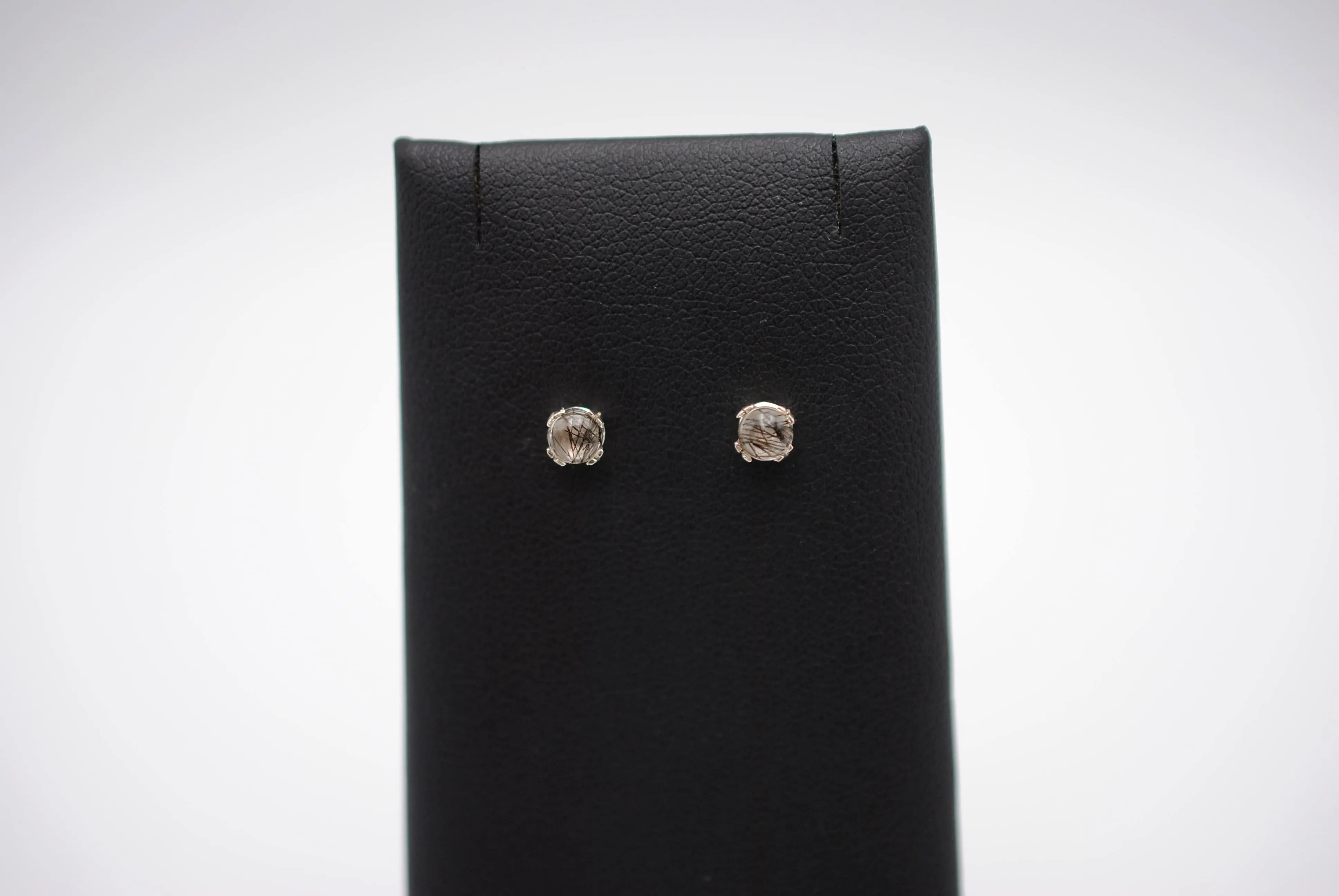 Rutilated Quartz Post Earrings: Round Cut, Silver, Double Prong Setting