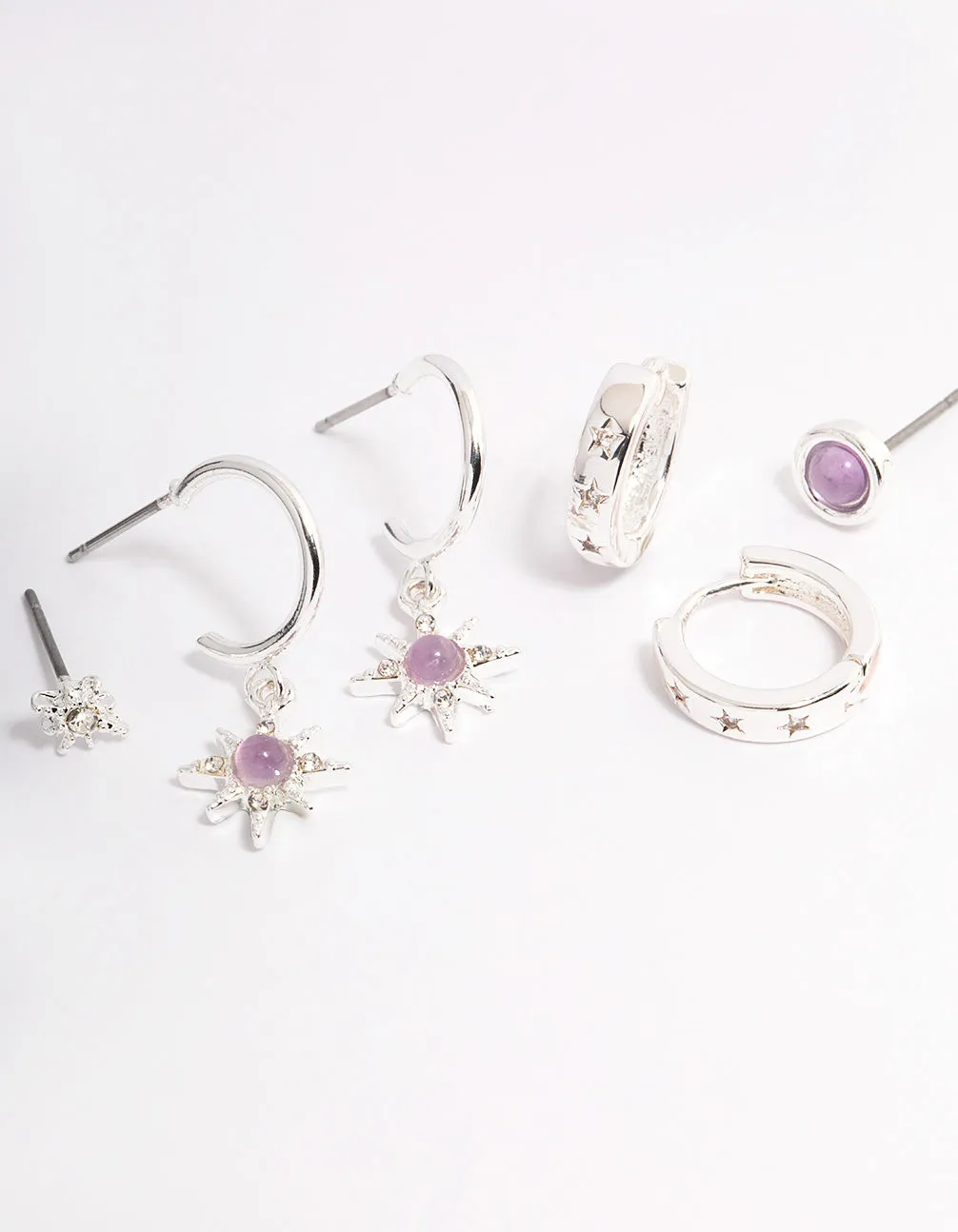 Silver Amethyst Starburst Stacker Earrings