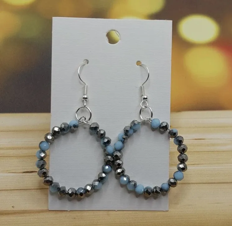 Silver Beaded Dangle Hoop Earrings - #7491-7492