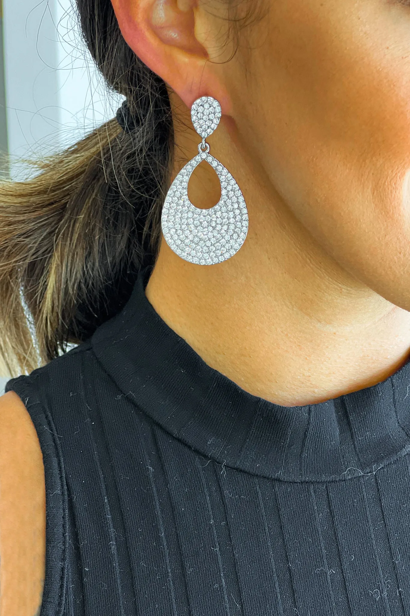Silver Full Rhinestone Dangle Earrings