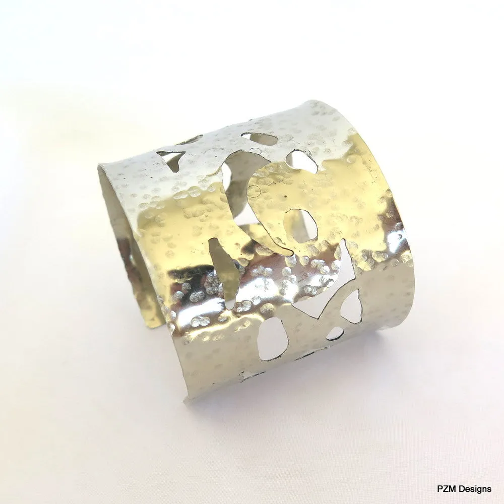 Silver lace wrist cuff, artisan crafted hammered metal arm band