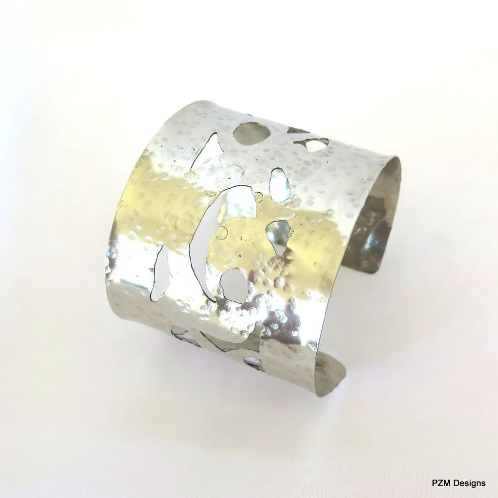 Silver lace wrist cuff, artisan crafted hammered metal arm band