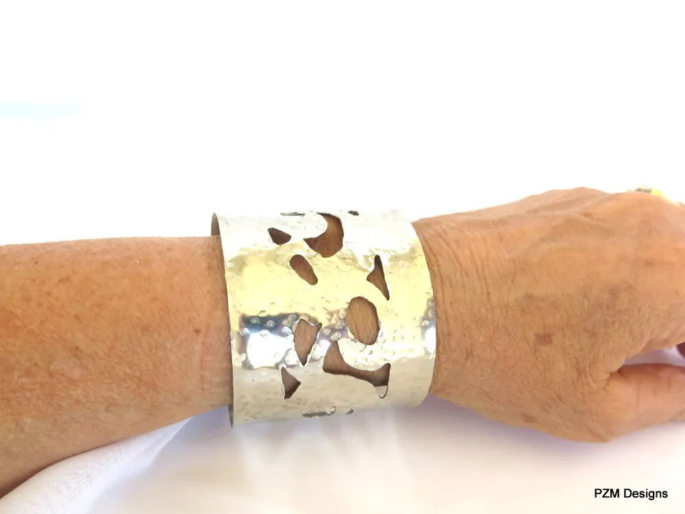 Silver lace wrist cuff, artisan crafted hammered metal arm band