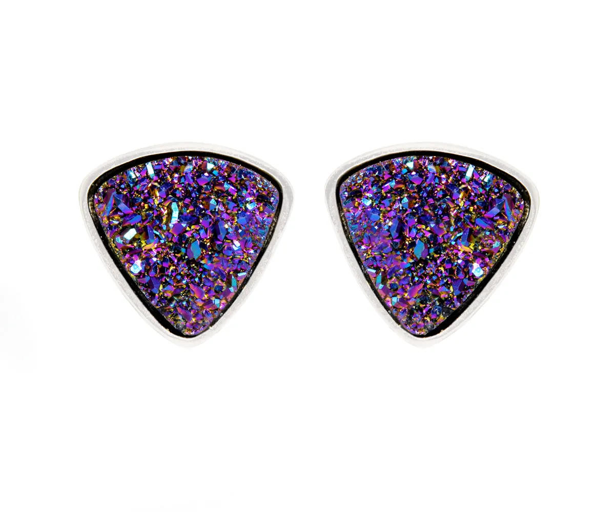 Small Triangle Purple Rainbow Druzy Stud Earrings