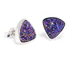 Small Triangle Purple Rainbow Druzy Stud Earrings