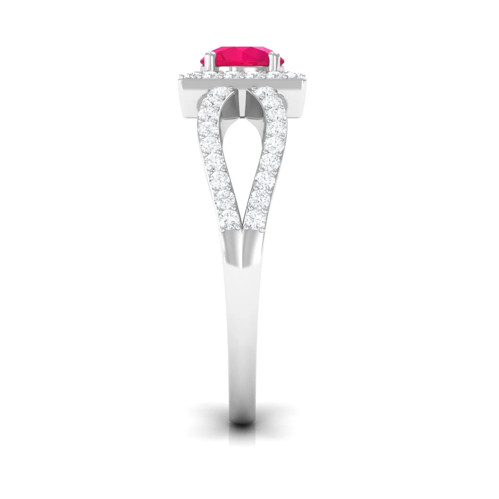 Split Shank Ruby Halo Engagement Ring with Diamond