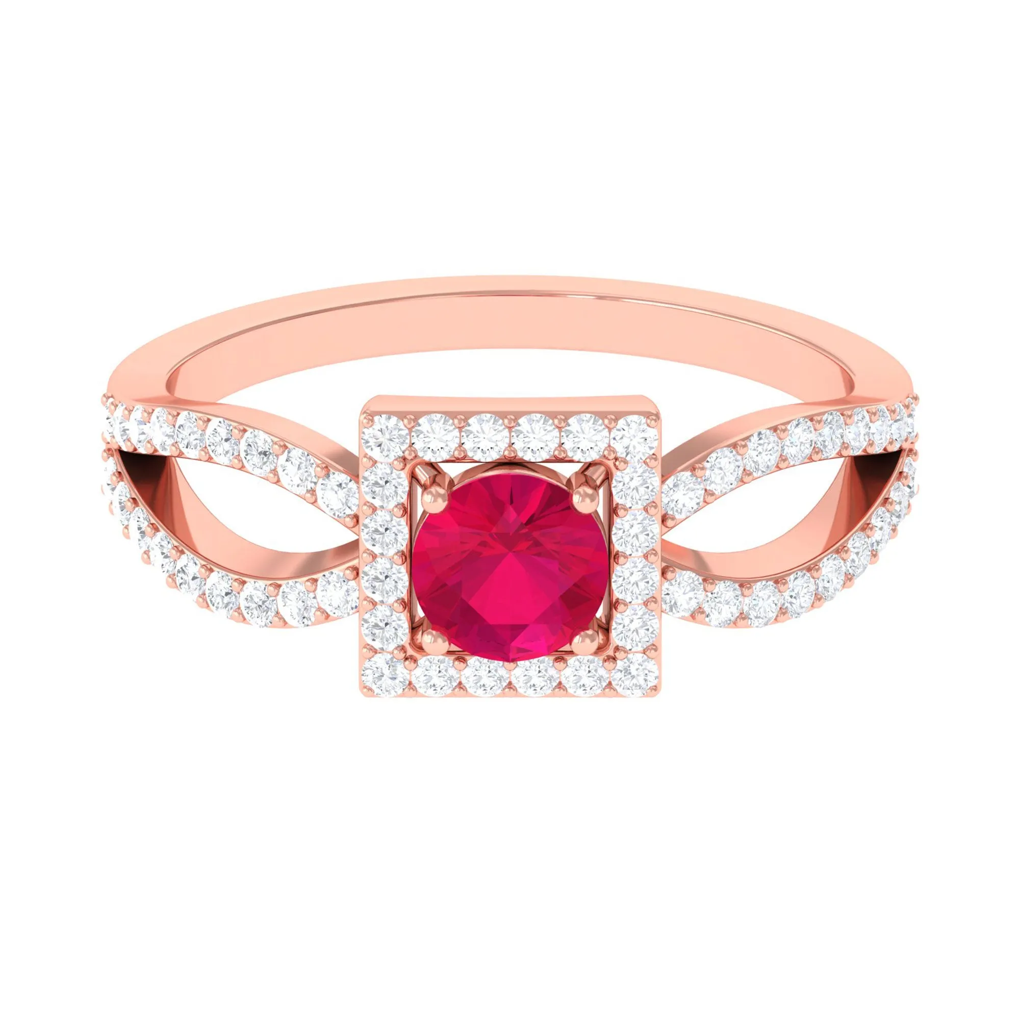 Split Shank Ruby Halo Engagement Ring with Diamond