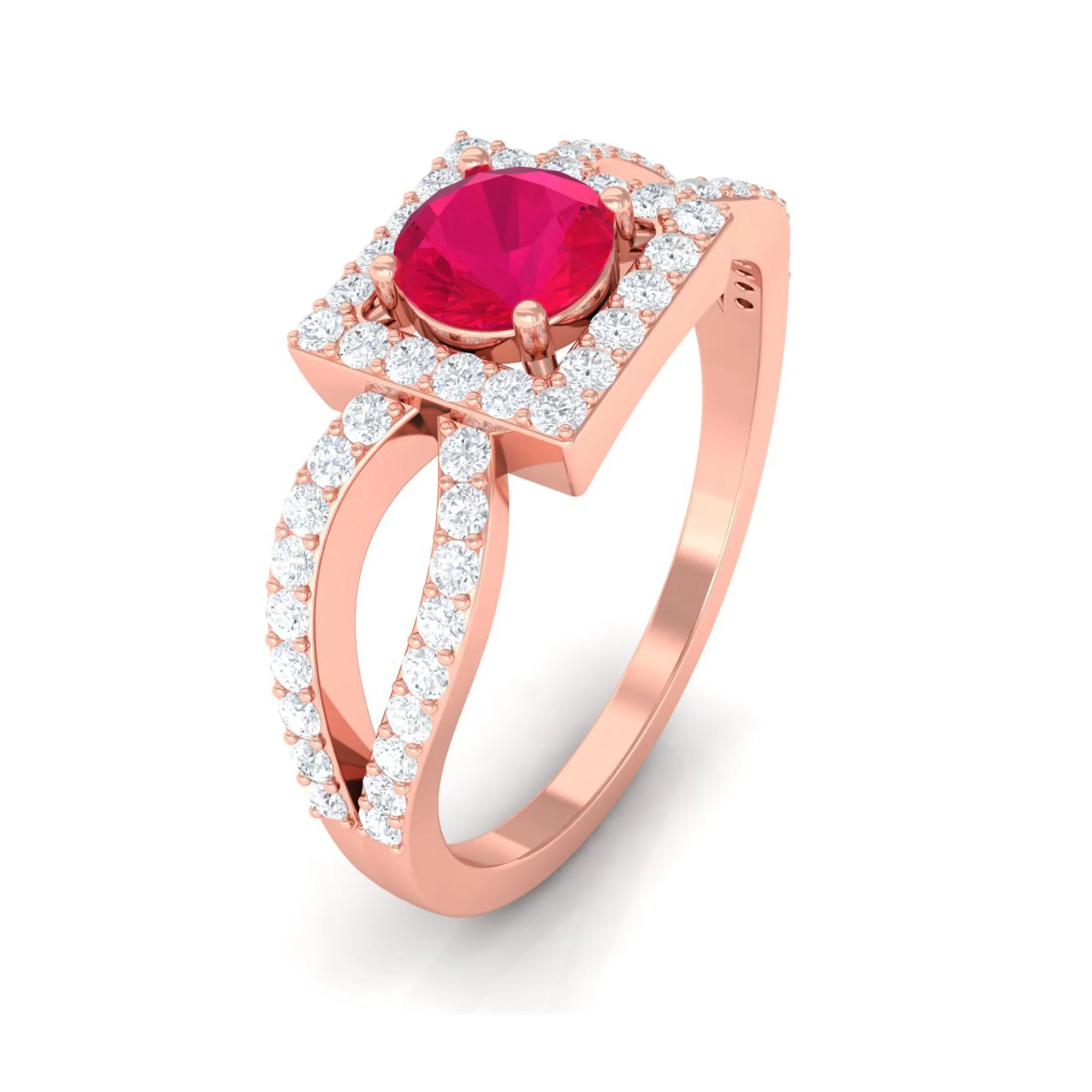 Split Shank Ruby Halo Engagement Ring with Diamond