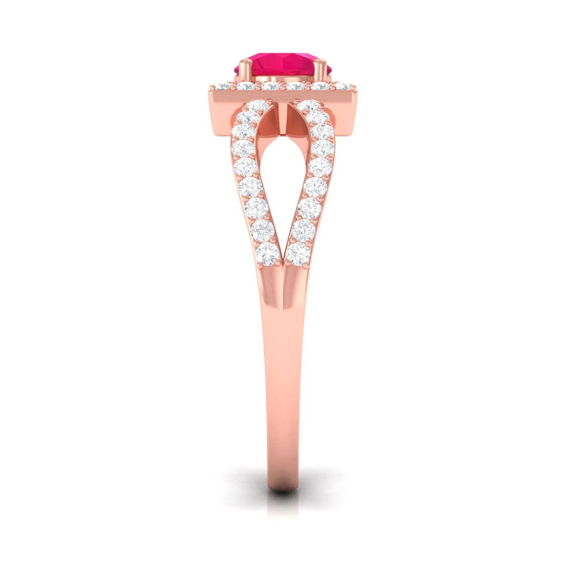 Split Shank Ruby Halo Engagement Ring with Diamond