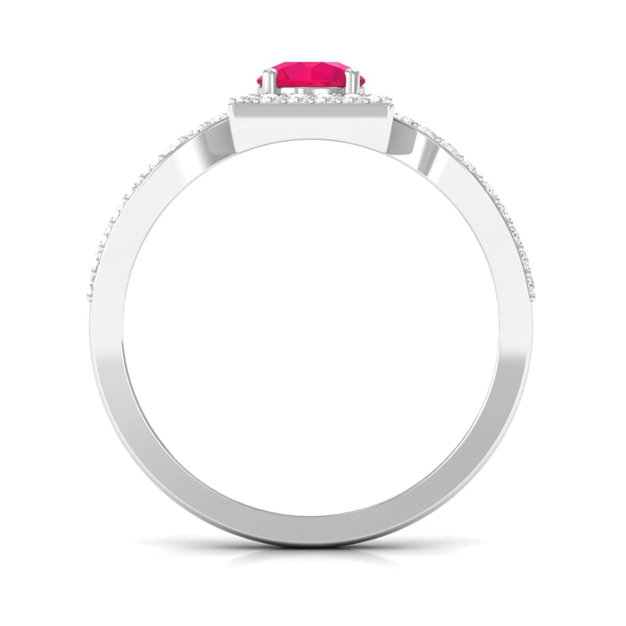 Split Shank Ruby Halo Engagement Ring with Diamond